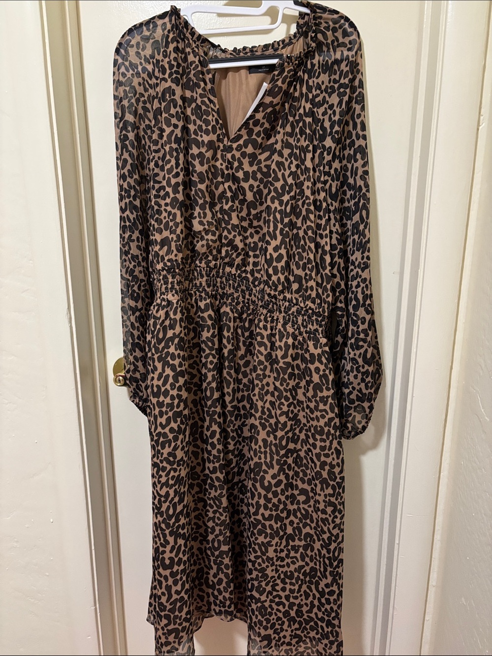 NEW- Leopard Print Brown Midi Dress with Smocked Waist